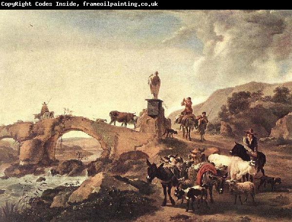 Nicolaes Pietersz. Berchem Italian Landscape with a Small Bridge
